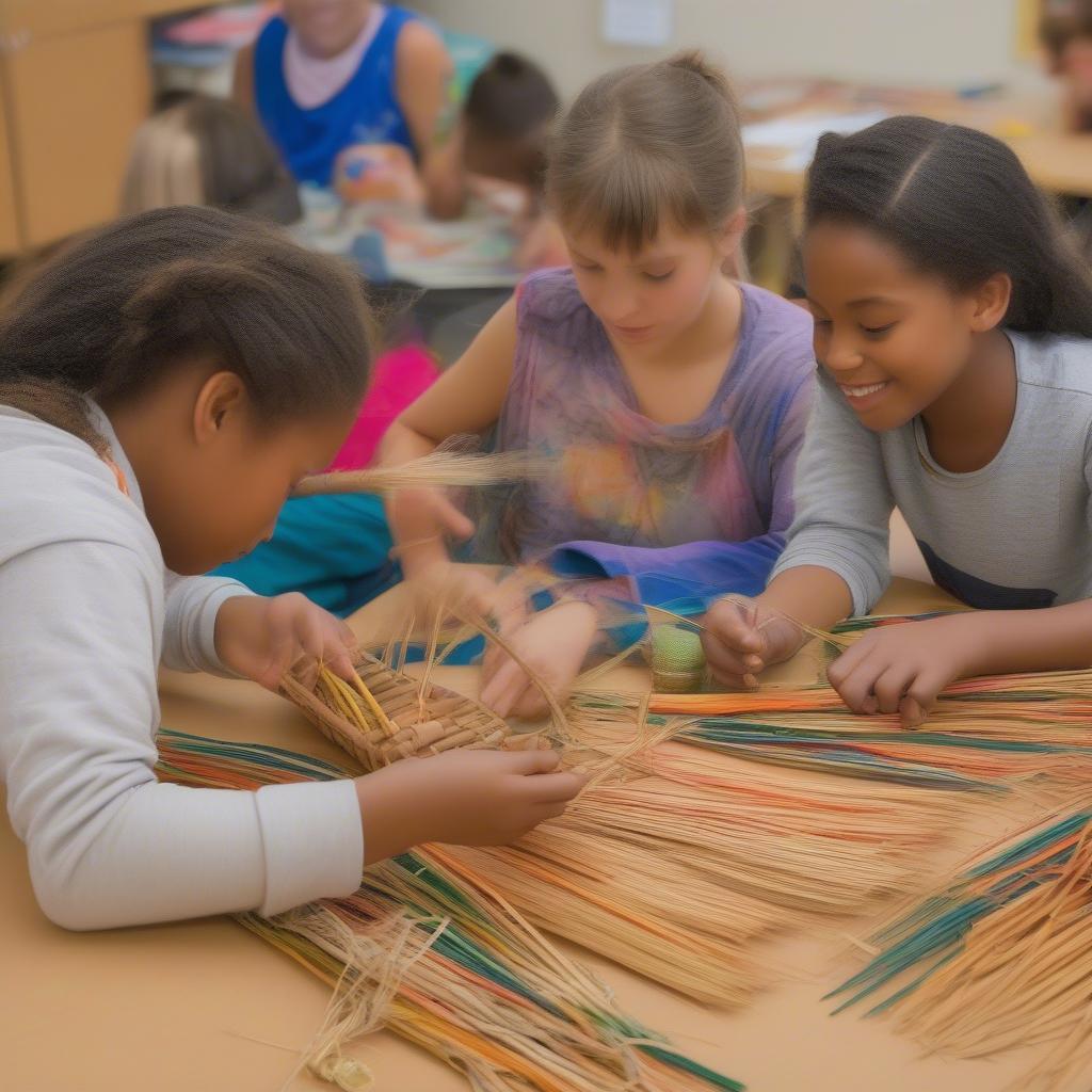 School children engrossed in using basket weaving kits, learning different techniques and working with natural materials.