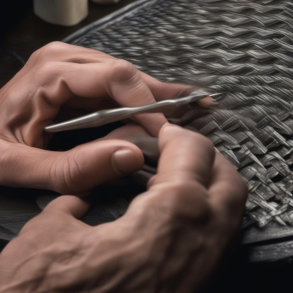 Skilled artisan meticulously crafting the basket weave pattern on a piece of Scott Kay jewelry.