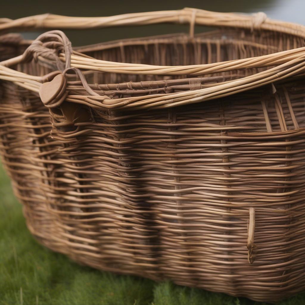 A traditional Scottish fishing creel made of woven willow.