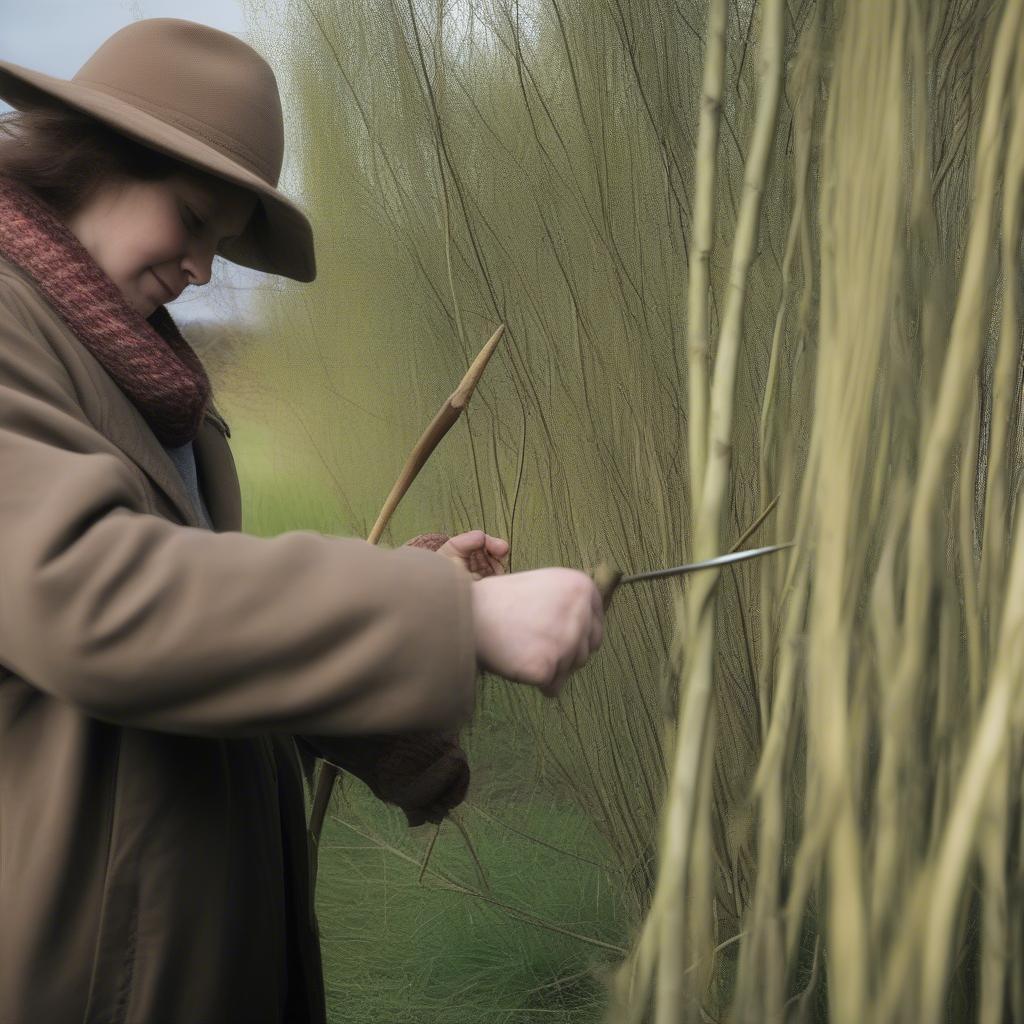 Harvesting willow branches for basket weaving in Scotland.