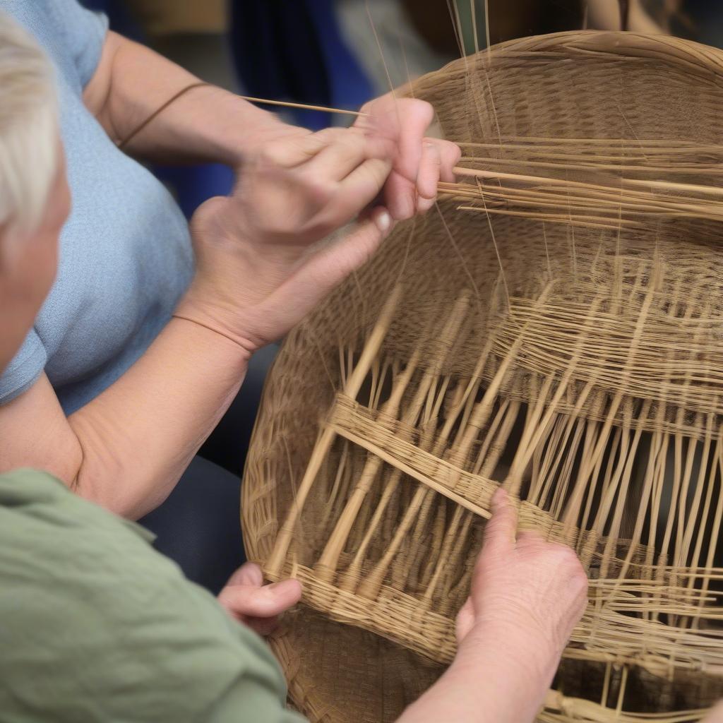 Experienced instructor demonstrating willow basket weaving techniques