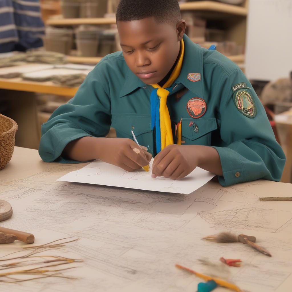 Scout meticulously planning their basket weaving merit badge project