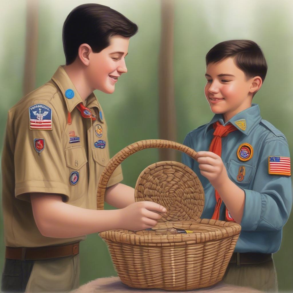 A Boy Scout proudly presenting his finished basket to a counselor for evaluation