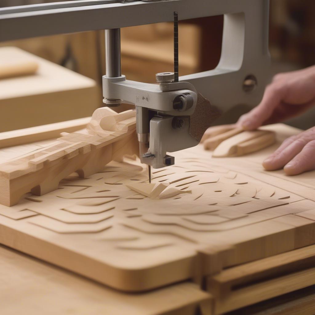 Scroll saw cutting intricate pieces of wood for a basket weave project.