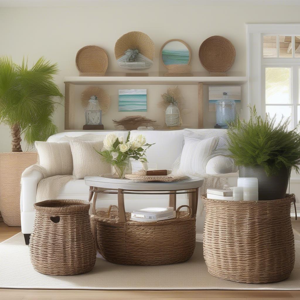 Sea Weave Baskets Used as Decorative Elements in a Coastal-Style Living Room