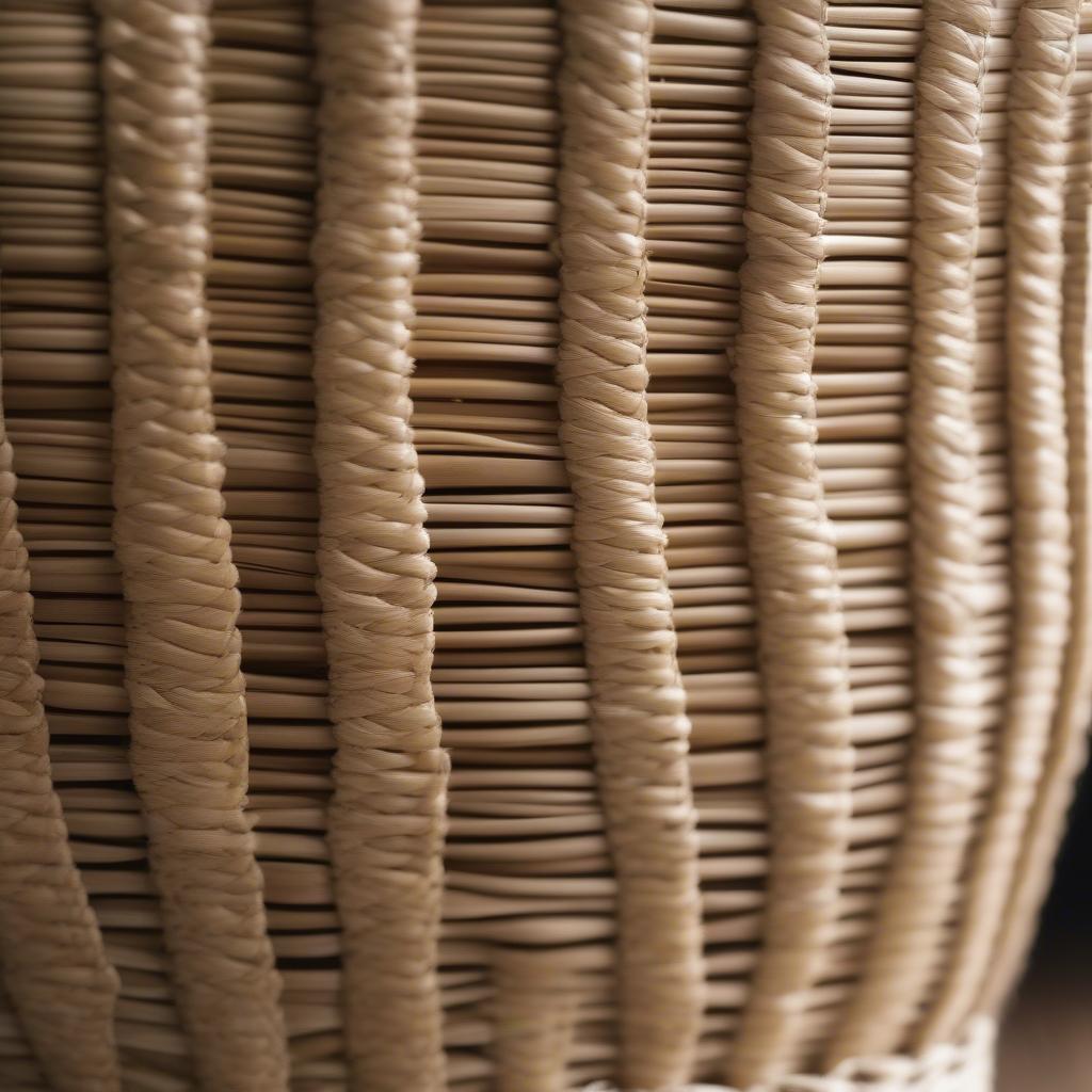 Close-up of a seagrass weaving basket showcasing the intricate weaving patterns and natural texture