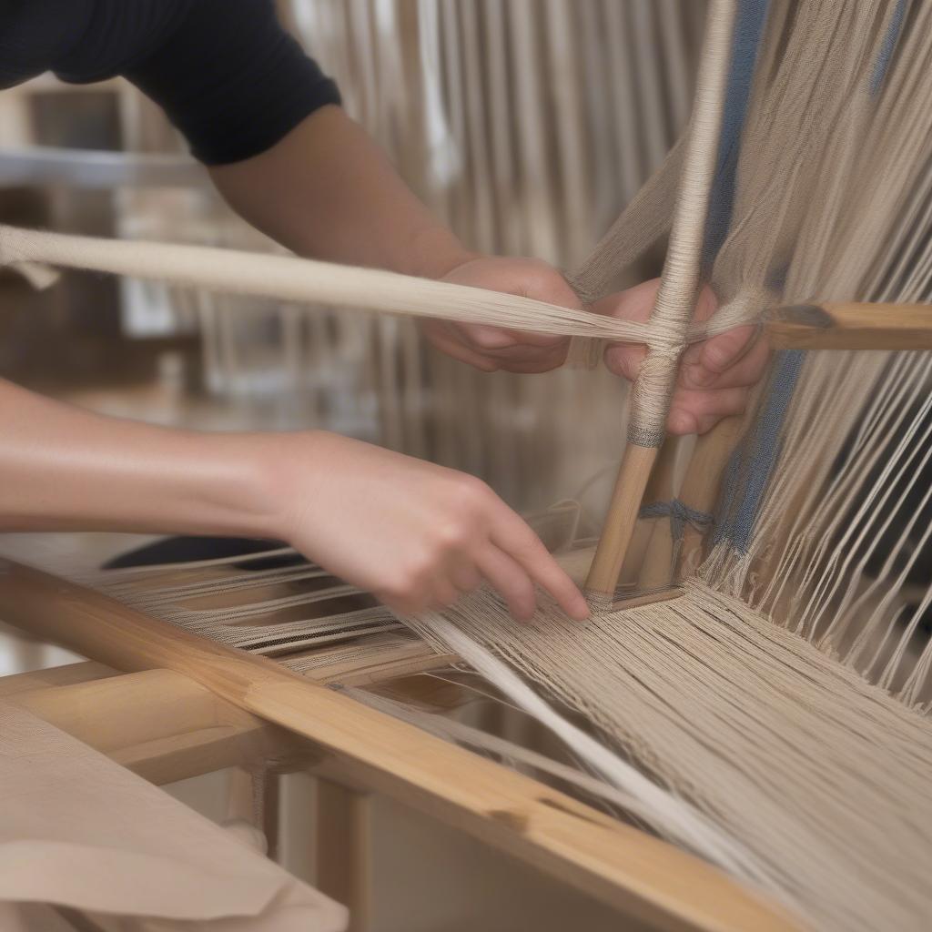 Demonstrating the process of securing the weaving material to the chair frame