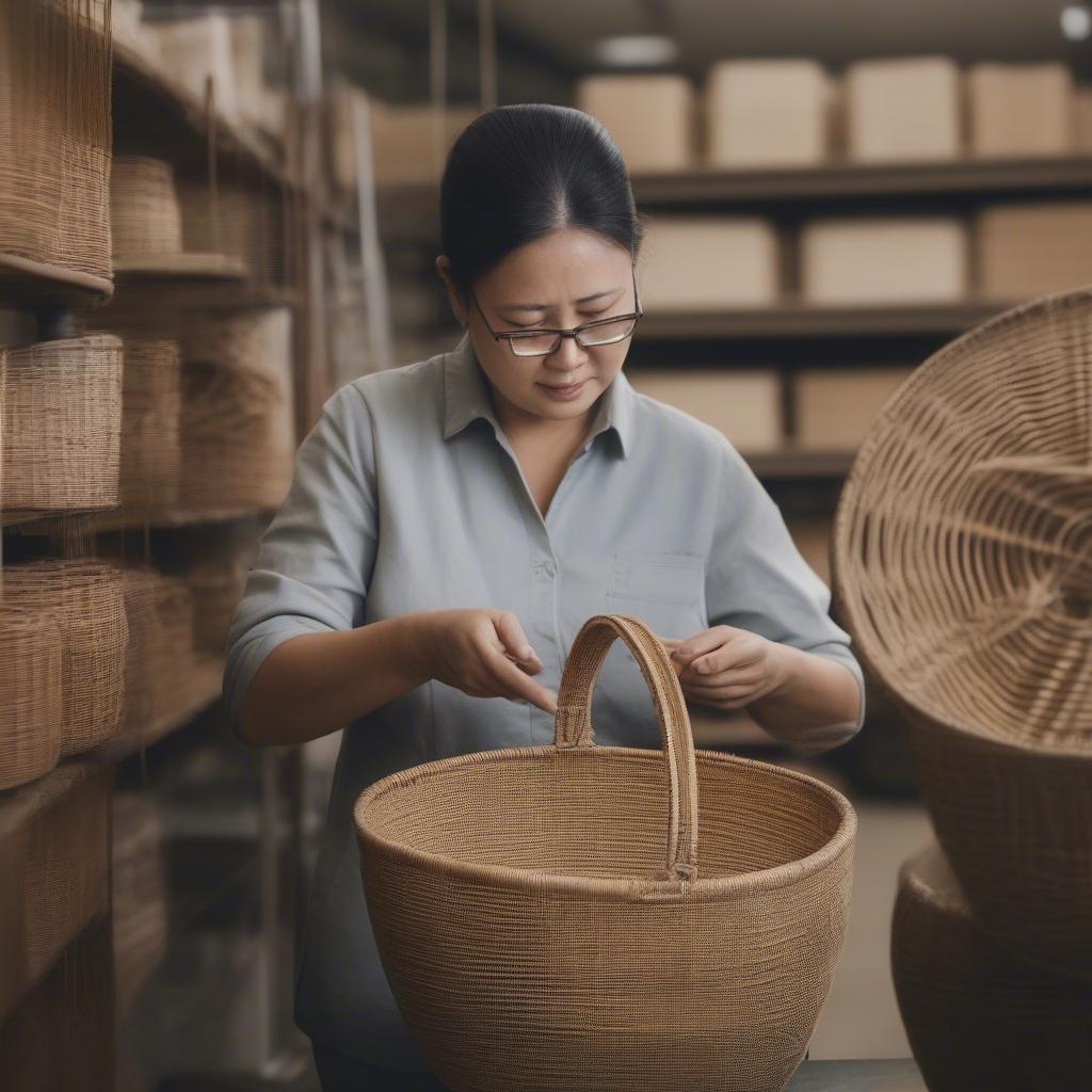 A business owner inspecting baskets at a weaving basket factory.