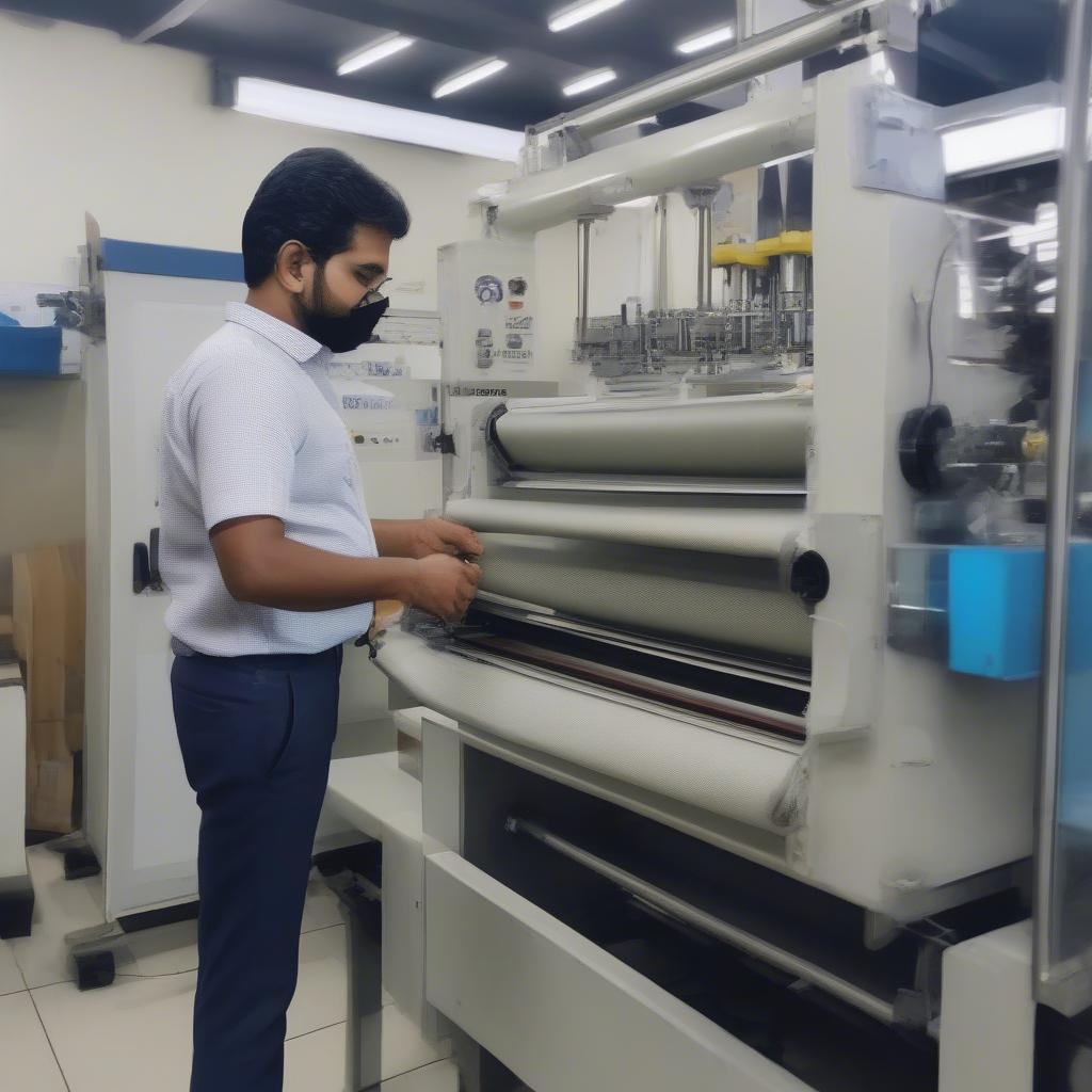 Business owner examining a manual non-woven bag making machine in a supplier's showroom in Kerala