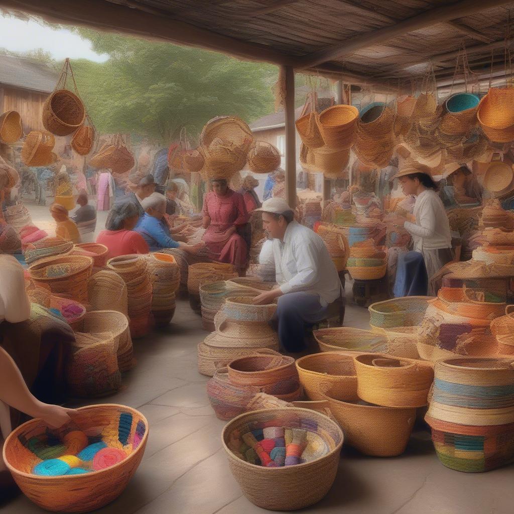 Artisans selling their handmade baskets at a vibrant local market