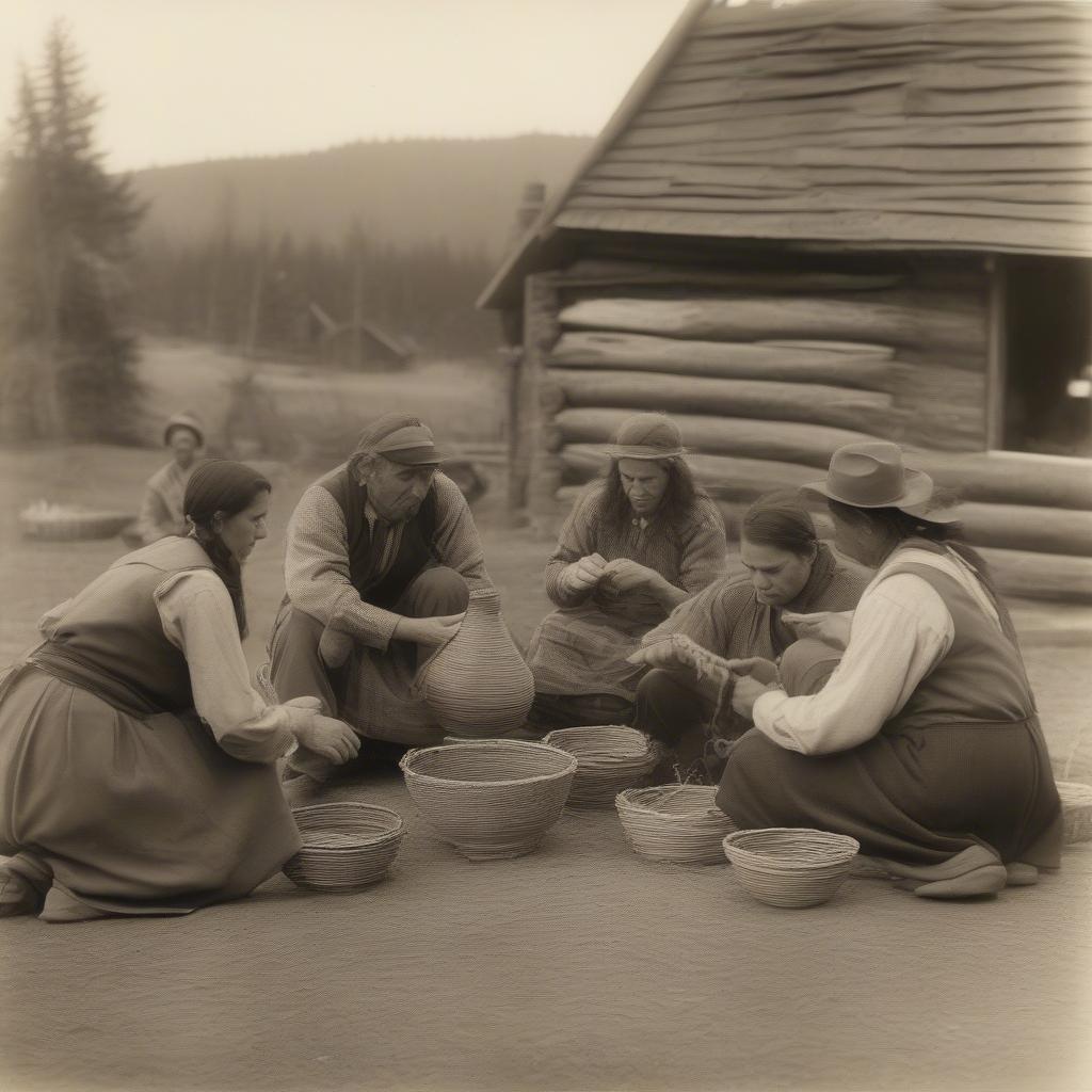 Settlers learning basket weaving techniques from Native Americans