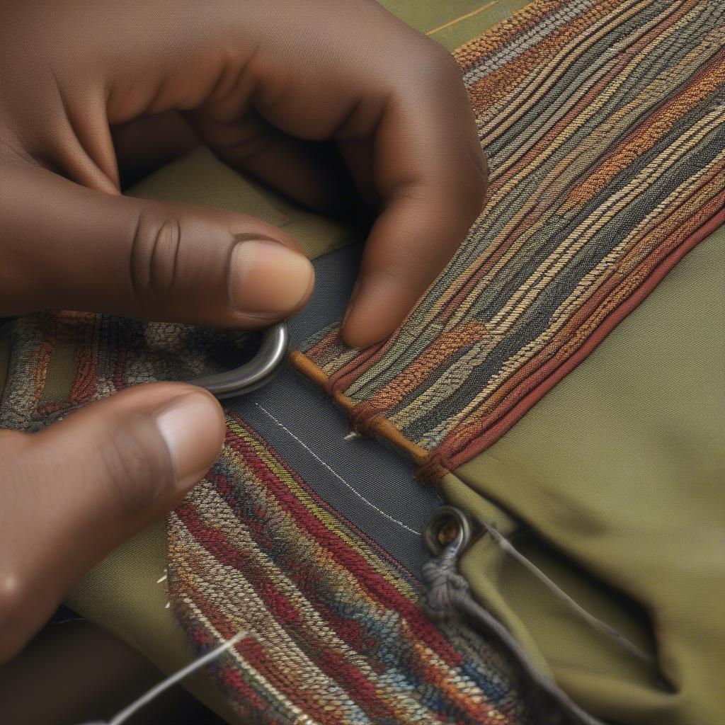 Sewing a new fabric strap onto an African woven bag with a needle and thread.