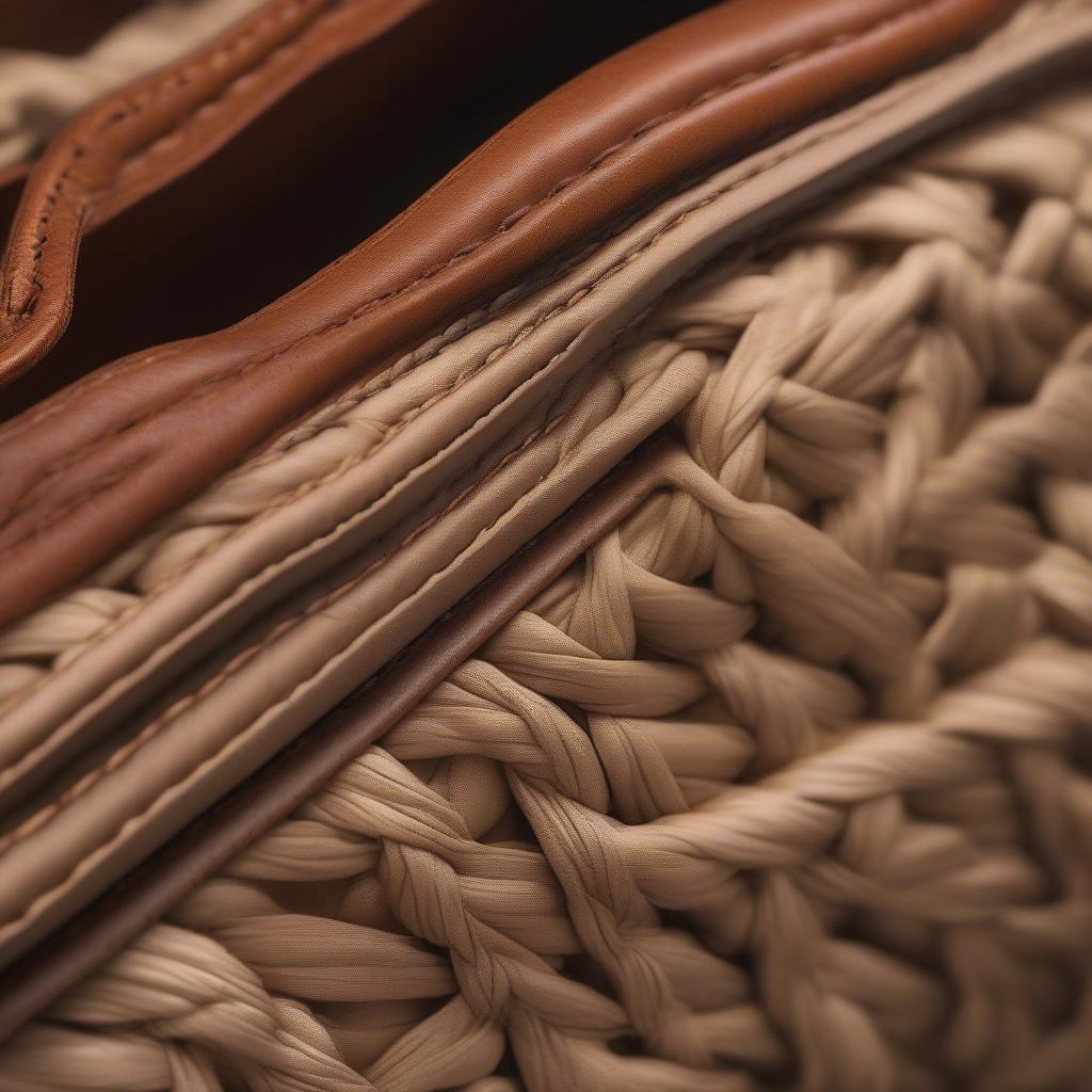 Detail shot of the Shakira Gold Woven Shopper Bag's handle and stitching.