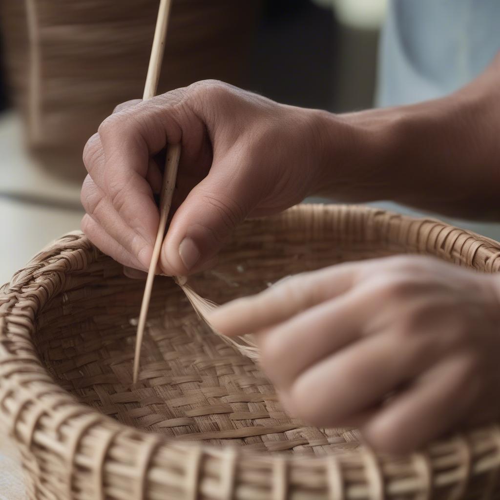 Shaping the Basket Rim: Hands Gently Folding Reed to Create a Finished Edge