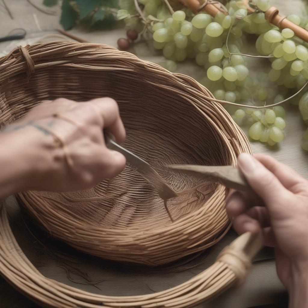 Shaping a grapevine basket by carefully bending and weaving the vines.