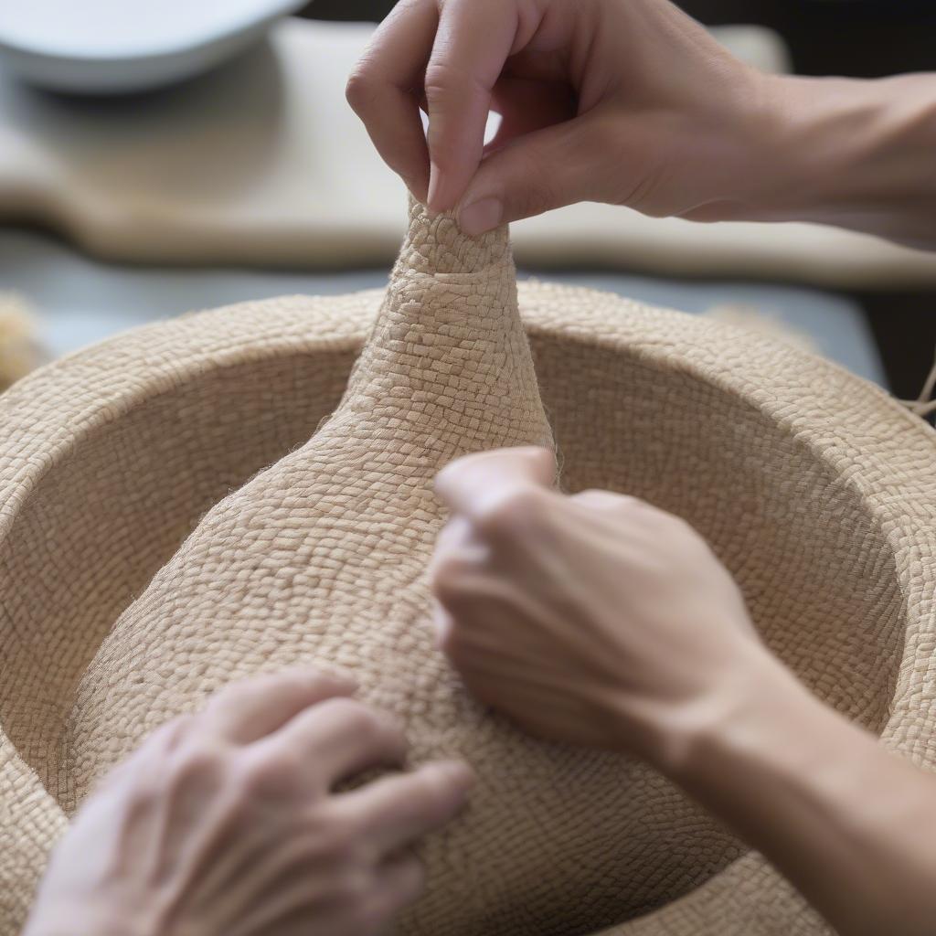 Hands shaping a raffia bag around a bowl form.