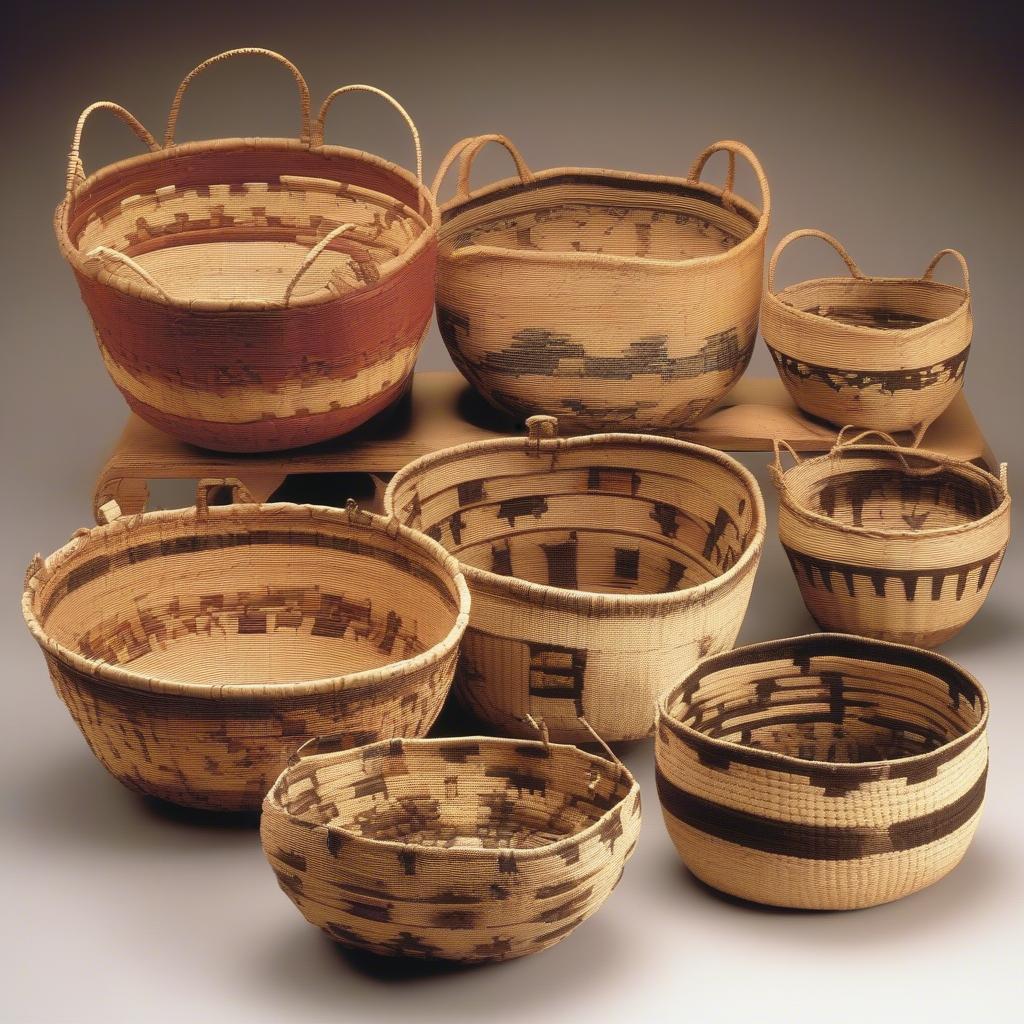 Display of various Shoshone baskets showcasing different shapes, sizes, and designs.