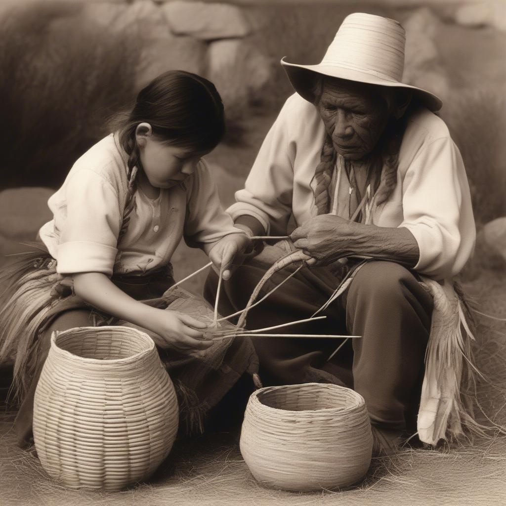 A Shoshone elder teaching a younger generation the art of basket weaving.