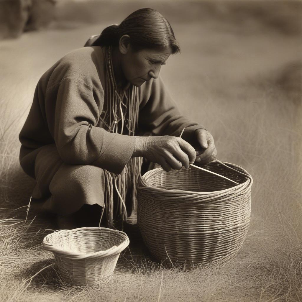 Shoshone basket weaver demonstrating traditional coiling techniques using willow and grasses.