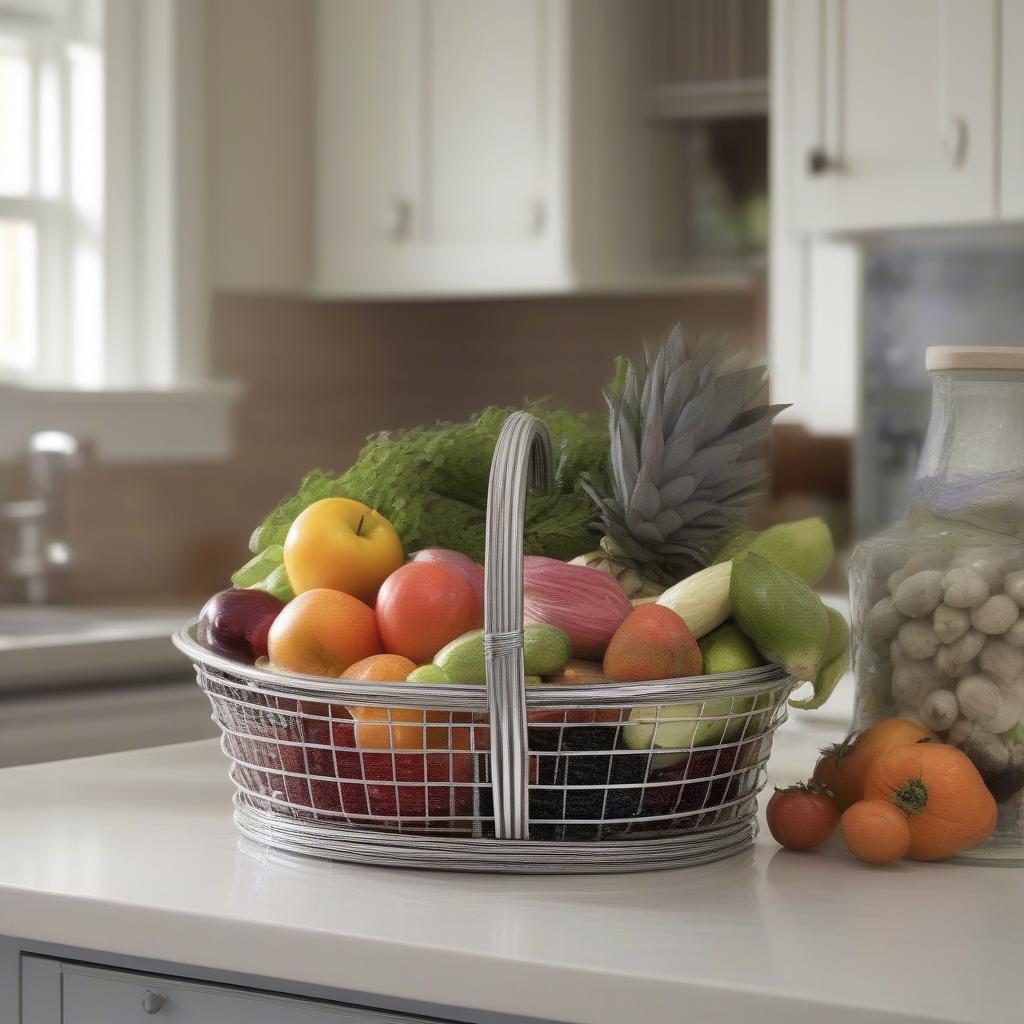 Stylish silver metal basket used for kitchen storage.