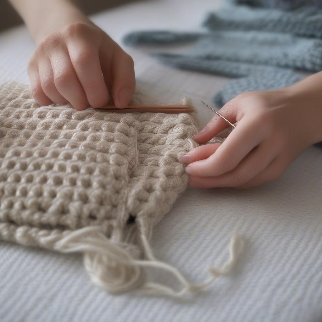 Crocheter working on a single-color basket weave afghan, showing the hook and yarn in progress.