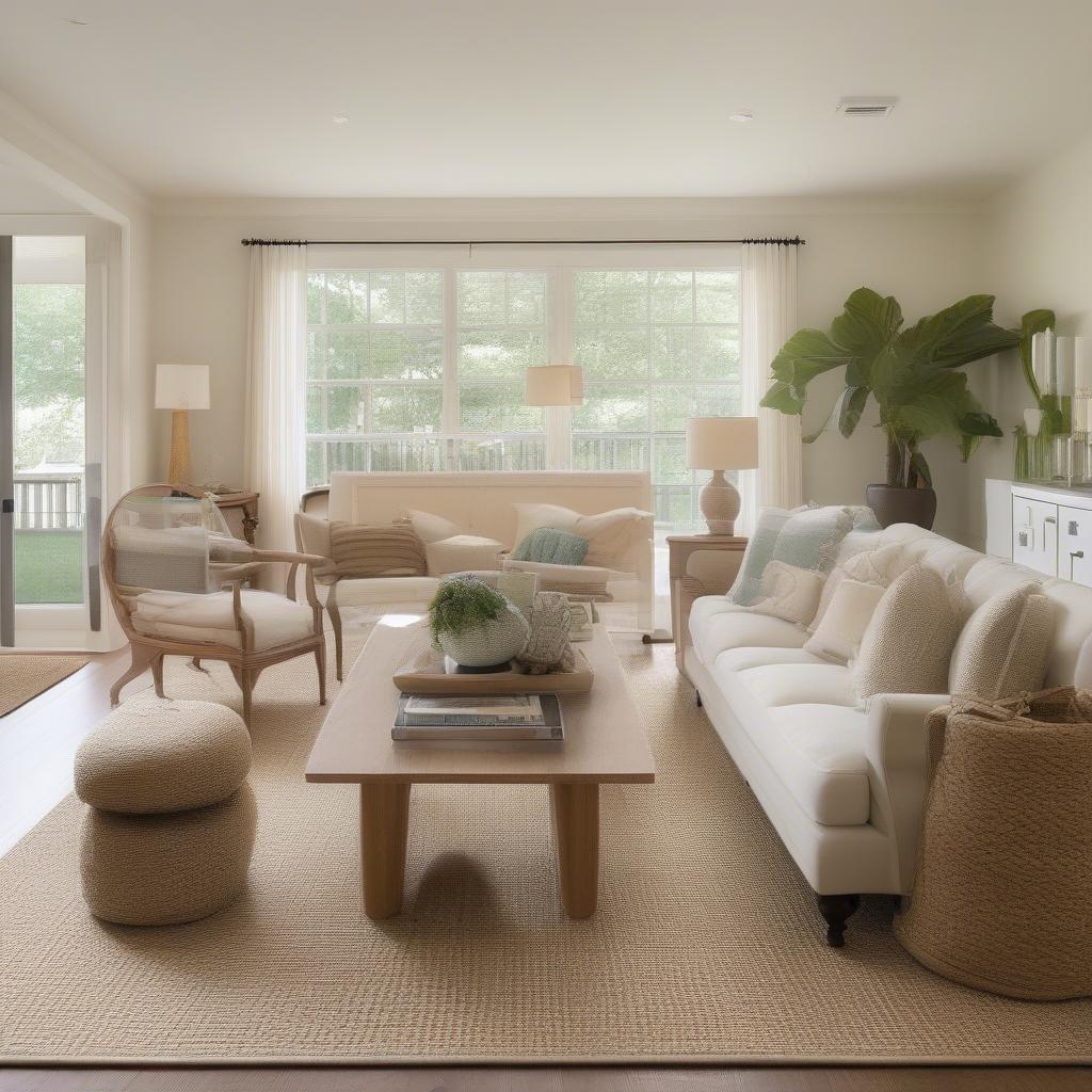 Sisal basket weave rug in a living room setting, demonstrating its versatility and natural appeal