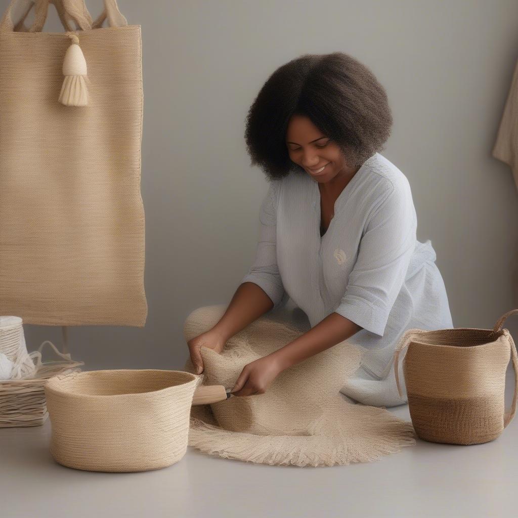 A woman gently cleaning a sisal weave bag with a soft brush and damp cloth, demonstrating proper care techniques.