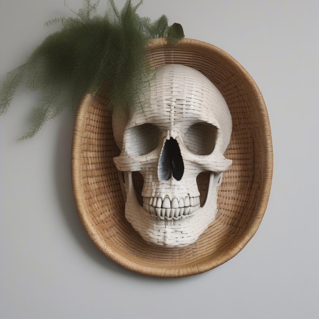 A skull basket weave used as wall décor, showcasing its artistic and decorative potential.