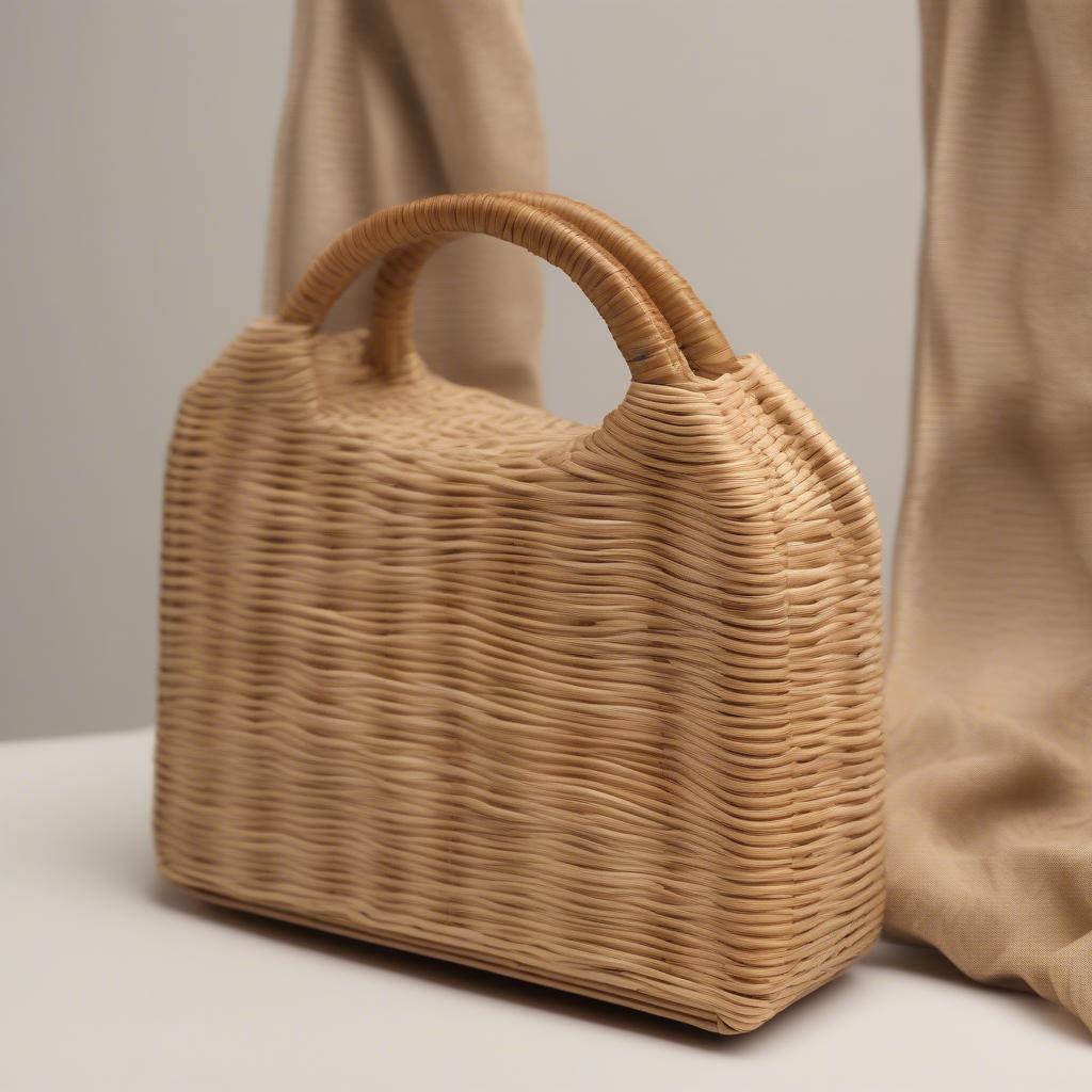 Close-up view of a small Edie hand-woven top-handle bag showcasing the intricate weave and natural material.