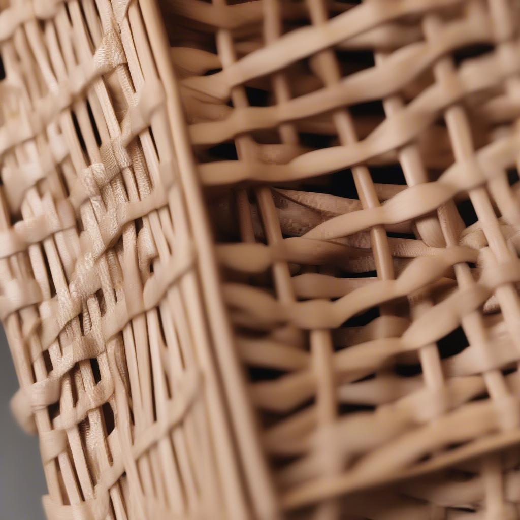 Close-up view of a small Kate wooden weave box bag showing the intricate weave detail and wooden frame.