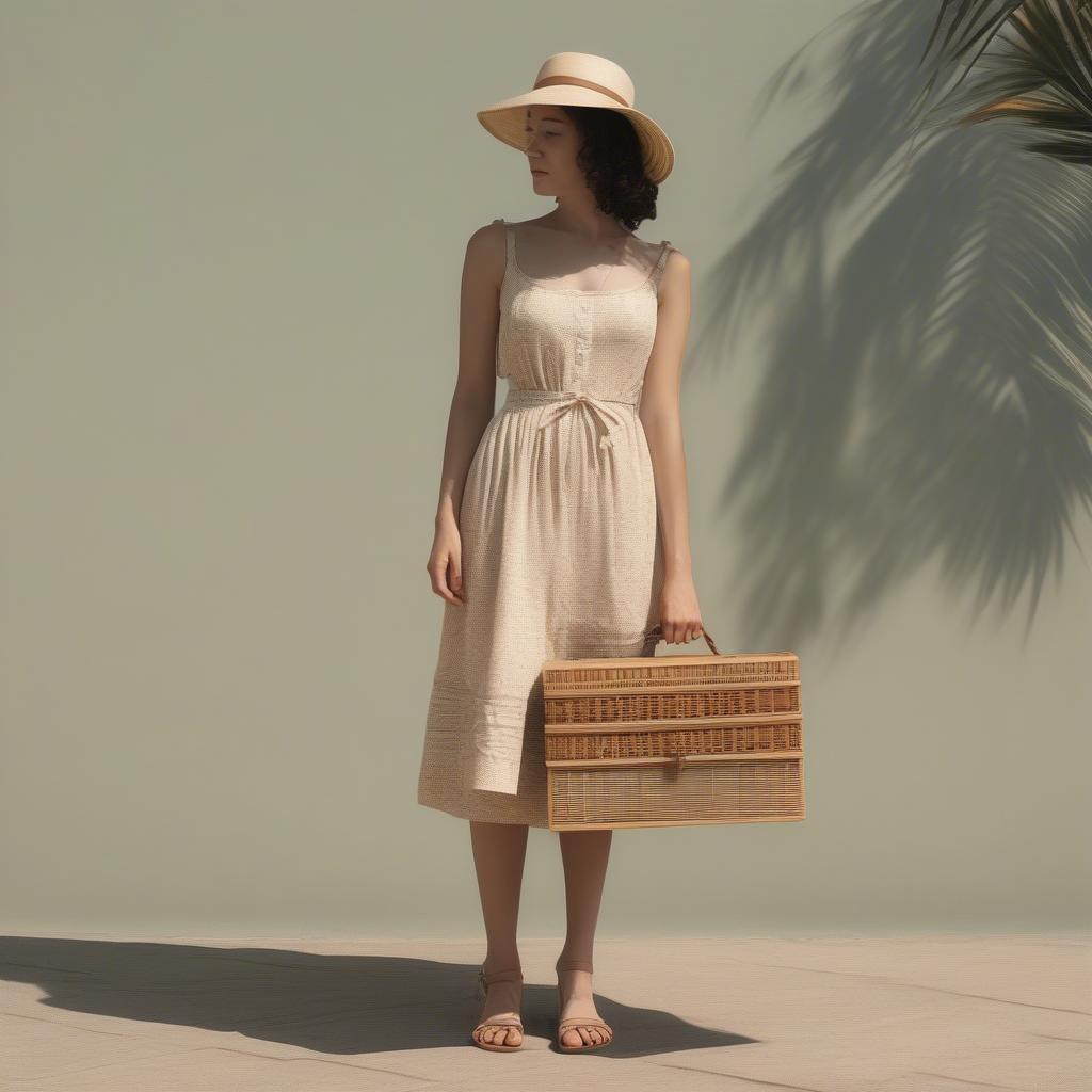 A woman styling a small Kate wooden weave box bag with a summer outfit, showcasing how the bag complements her overall look.