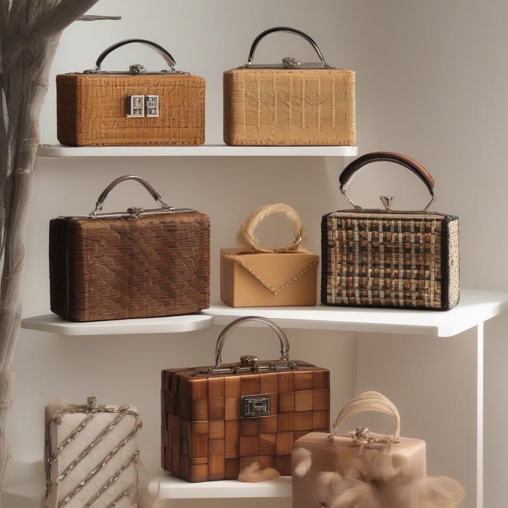 A variety of small Kate wooden weave box bags showcasing different wood types, weave patterns, and embellishments.