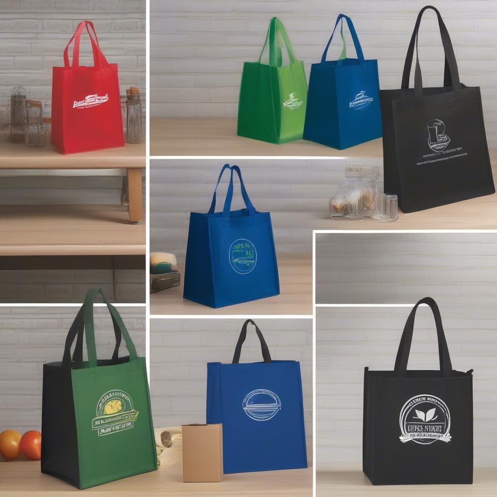 Small non-woven grocery tote bags with various logo designs.