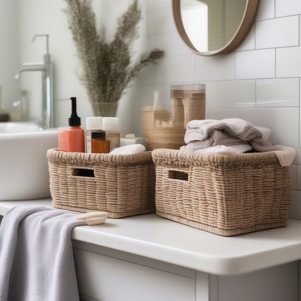 Small open weave baskets used in different areas of a home for storage and decoration.