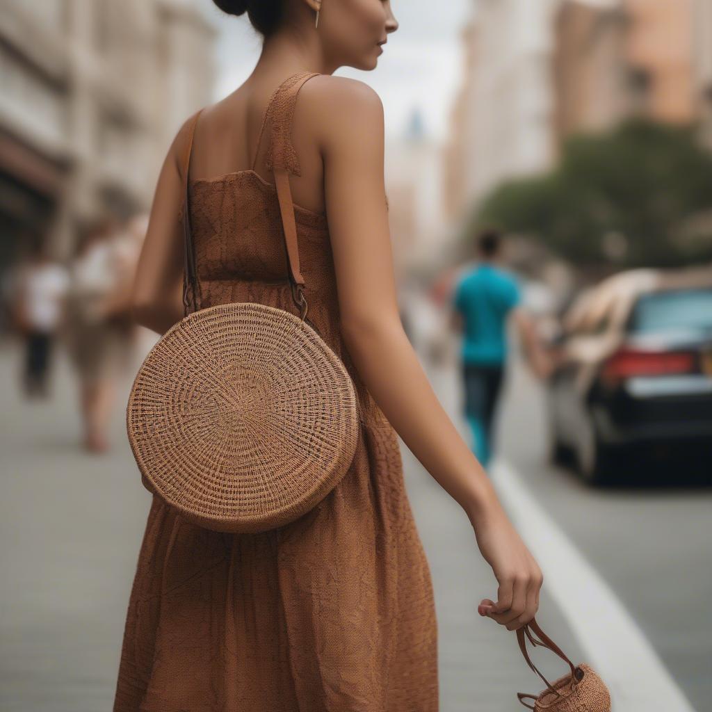 Small round woven bag street style