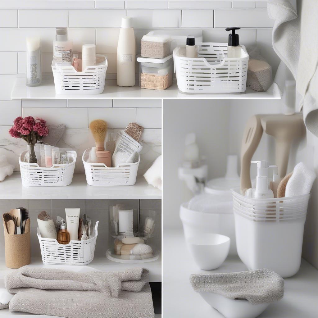 Small white plastic storage baskets being used in various settings like bathroom, kitchen, and living room.