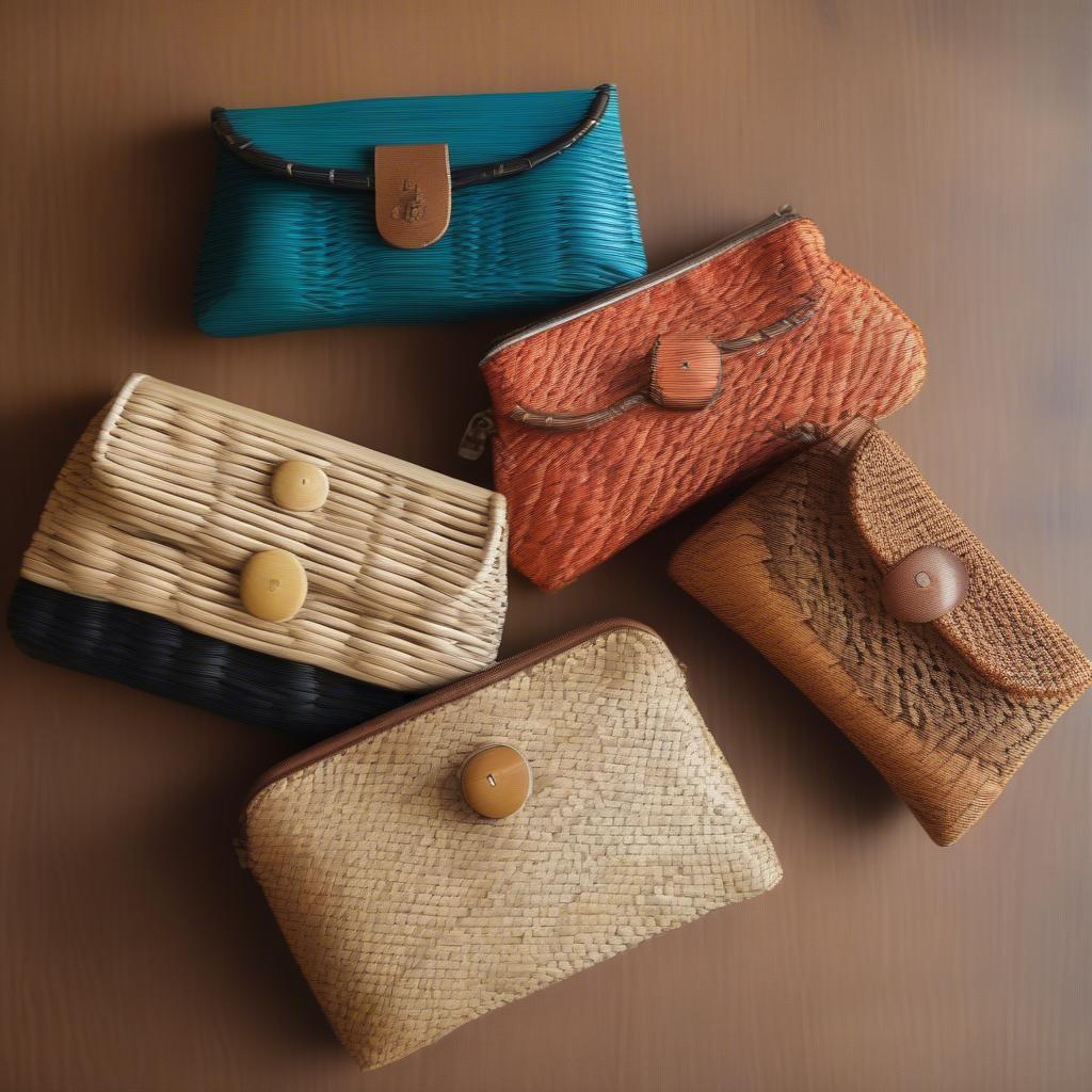 Small woven clutch bag made from natural fibers like rattan and seagrass.