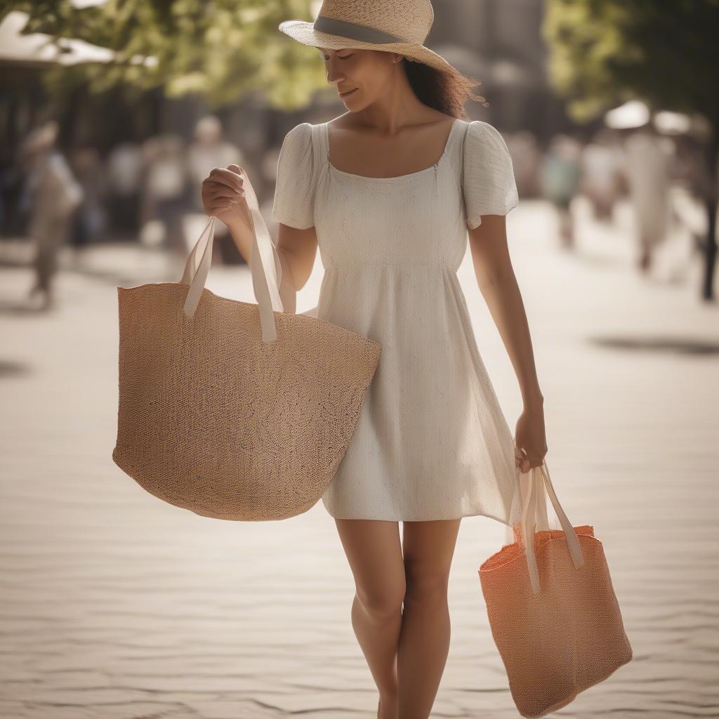 Small woven tote bag paired with a summer outfit