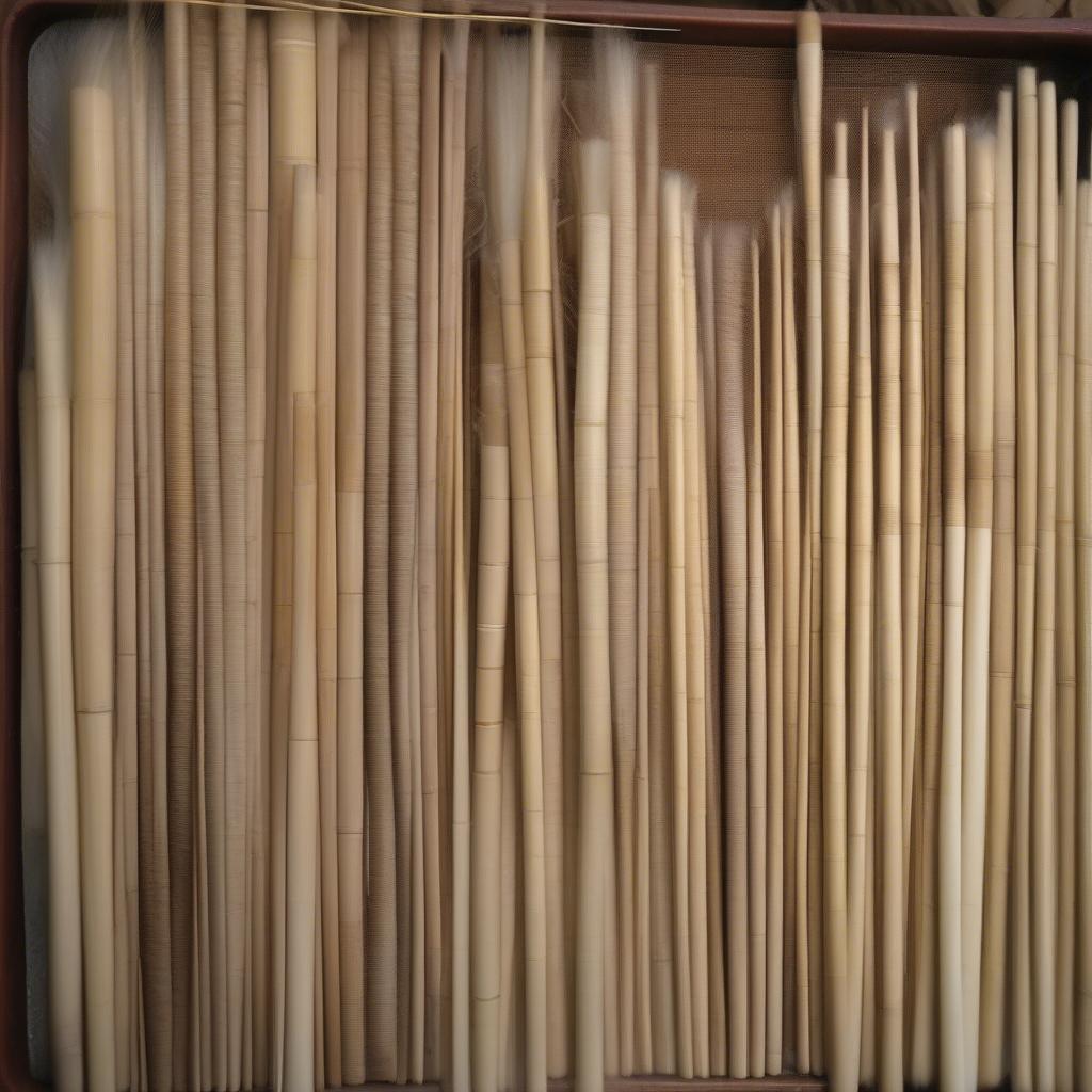 Soaked reeds ready for basket weaving, arranged by size and thickness