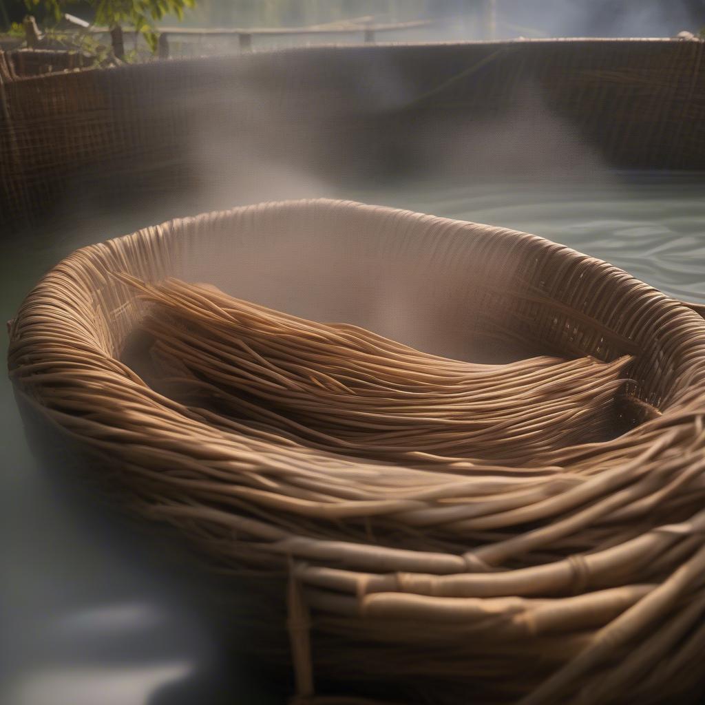 Soaking wicker before weaving.