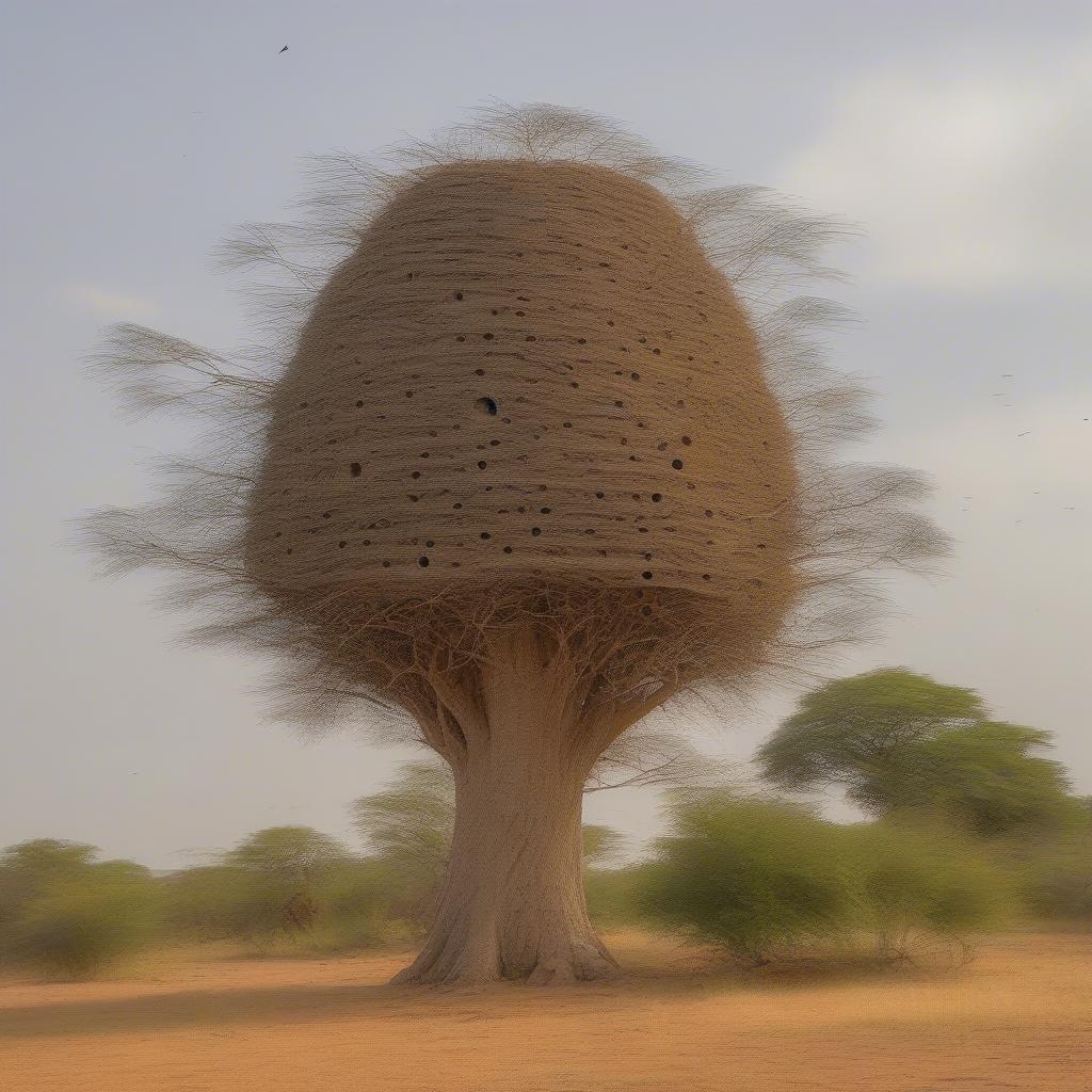 A massive communal nest of sociable weaver birds in a tree