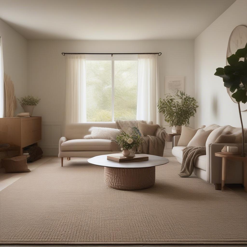 A solid angled basket weave wool rug placed in a modern living room setting, complementing the furniture and decor.