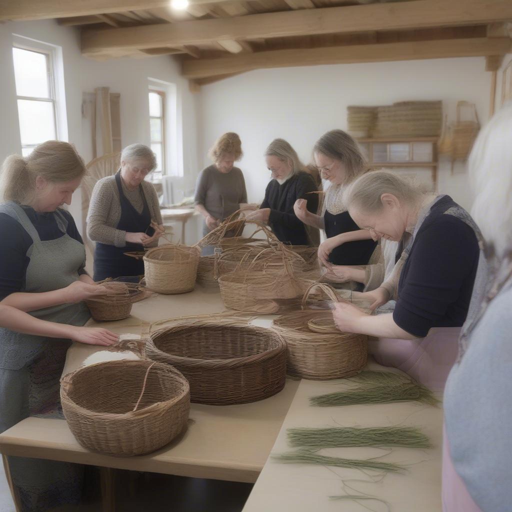 Participants learning willow basket weaving in a Somerset workshop