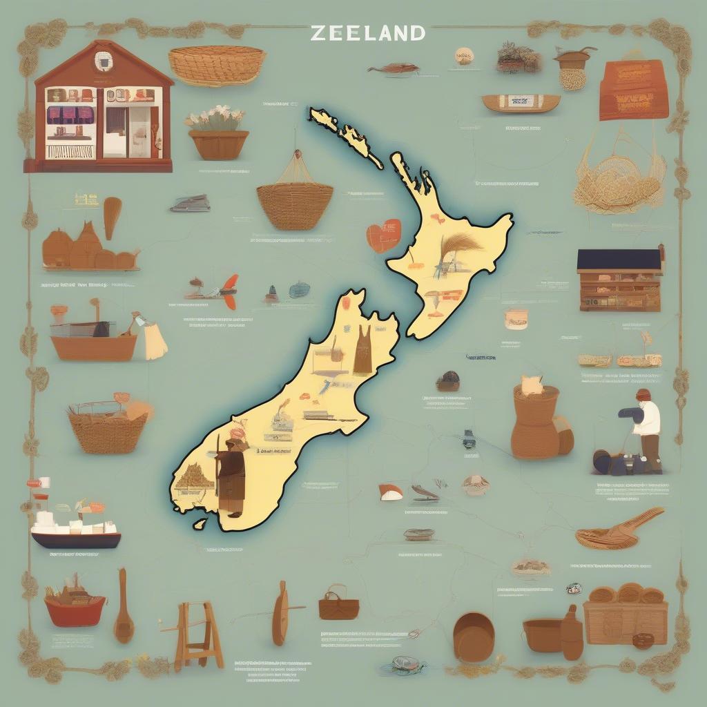 A map of New Zealand highlighting key locations for sourcing basket weaving supplies.