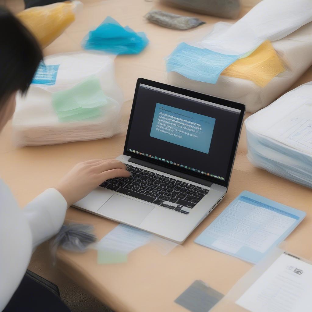 A person searching for "china custom non-woven bag quotes" on a laptop, surrounded by samples of different non-woven bags.