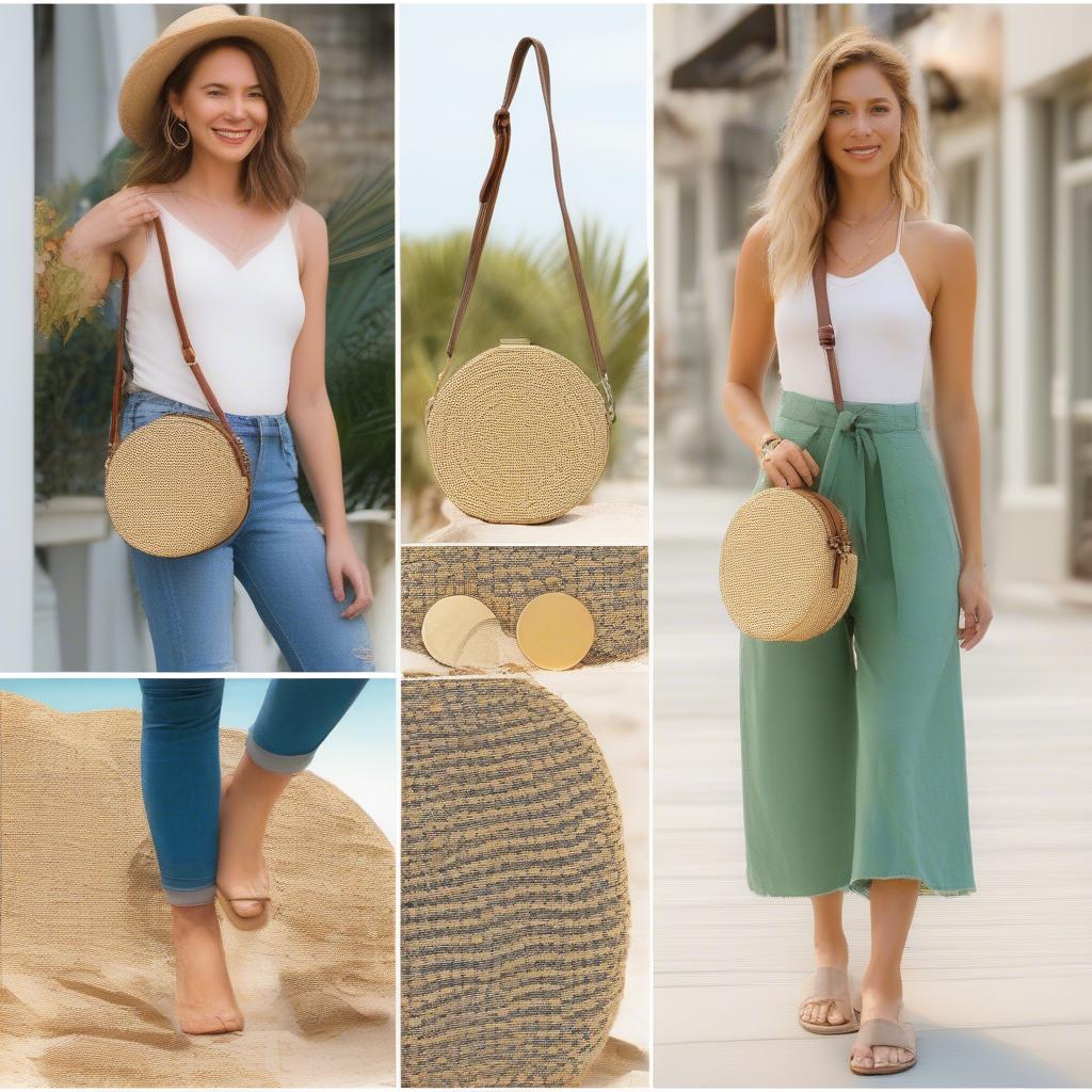 South Beach Round Gold Woven Straw Crossbody Bag Outfit Ideas