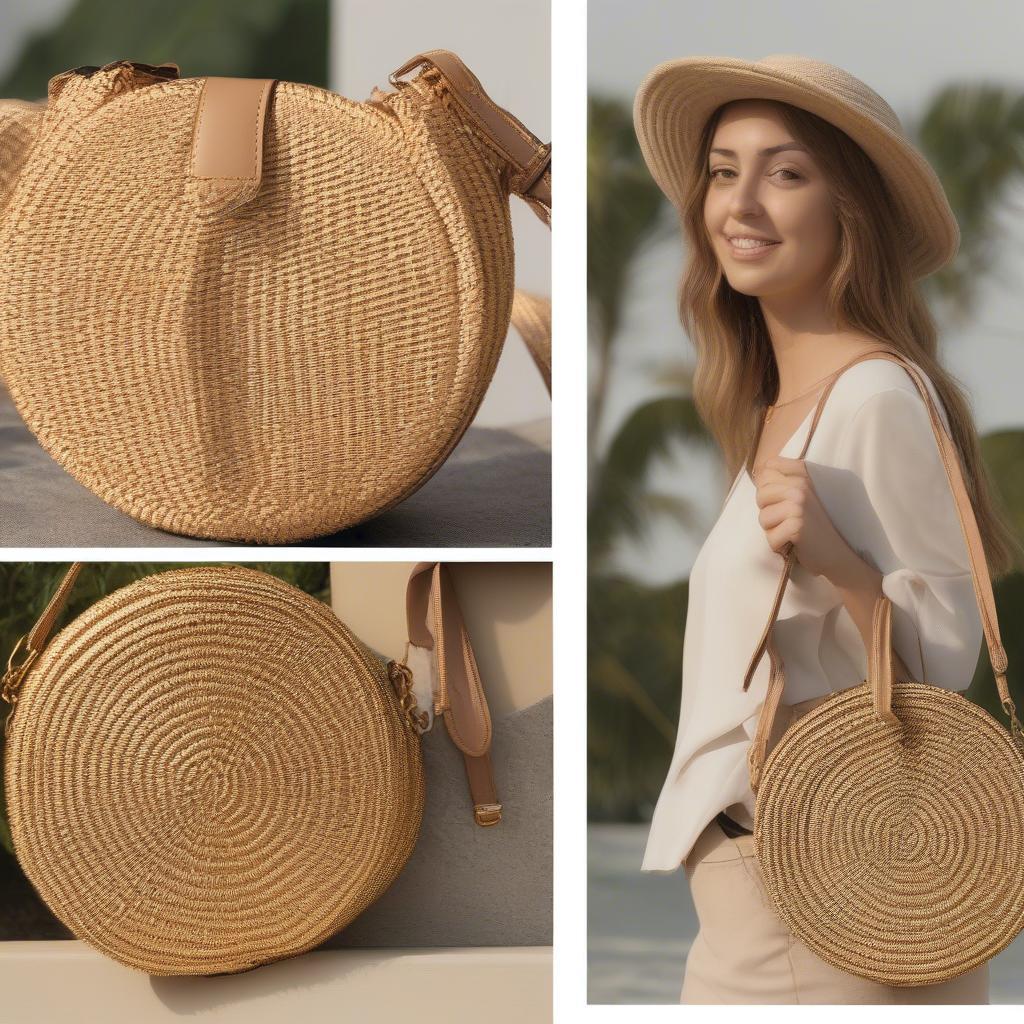 South Beach Round Gold Woven Straw Crossbody Bags: Size Comparison