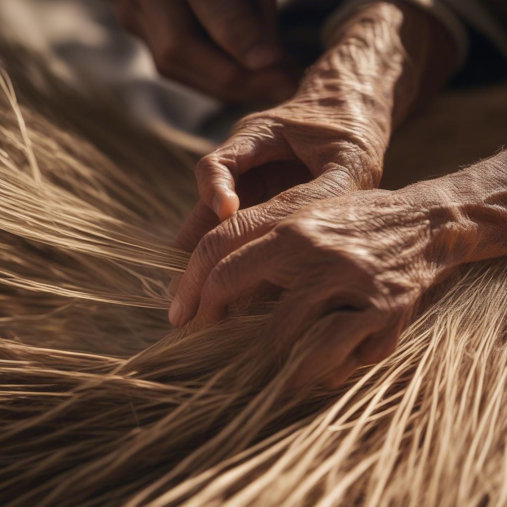 A Spanish basket weaver skillfully crafting a traditional basket using esparto grass.