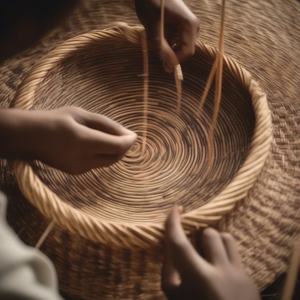 Spiral Basket Weave Basics: A close-up view of the spiral weaving technique, showcasing the interwoven materials and the distinct swirling pattern.