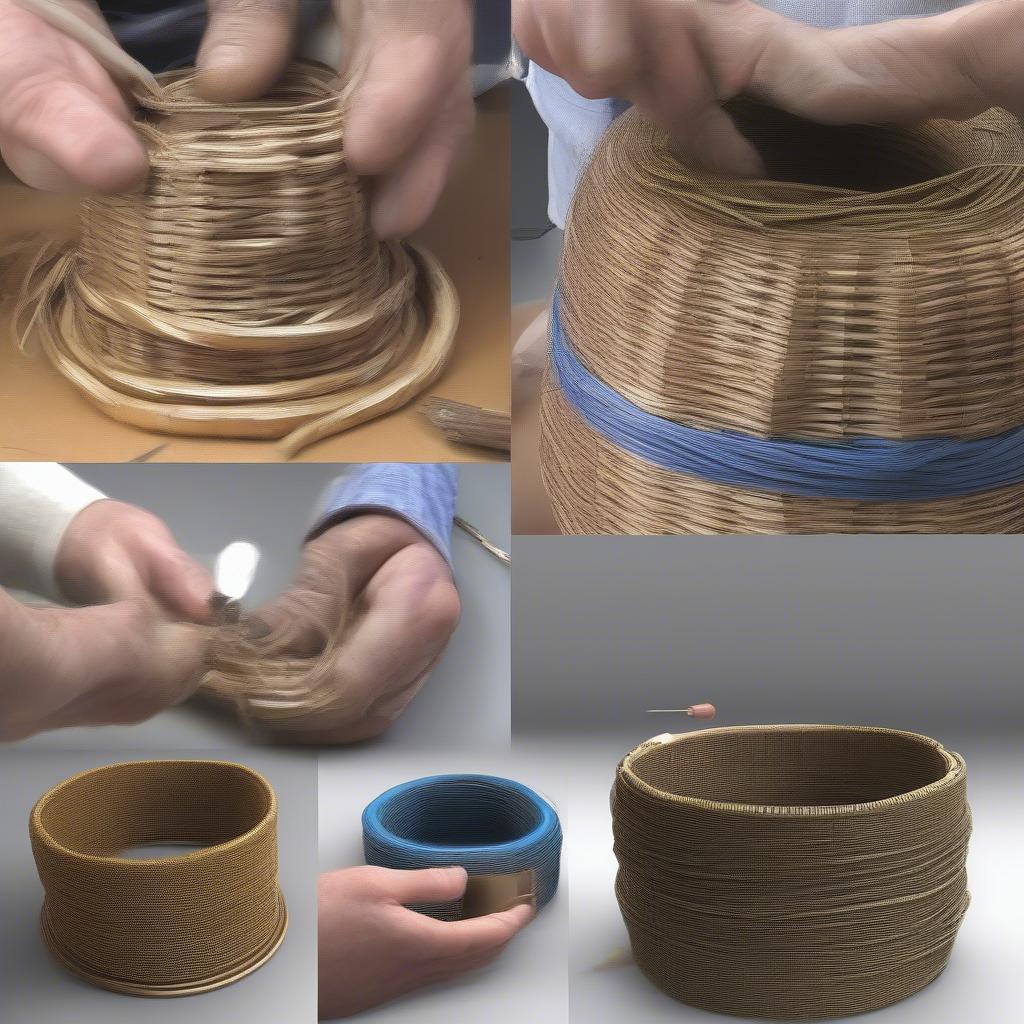 Starting the Spiral Basket Weave: Hands forming the initial coil, securing it with binding material.